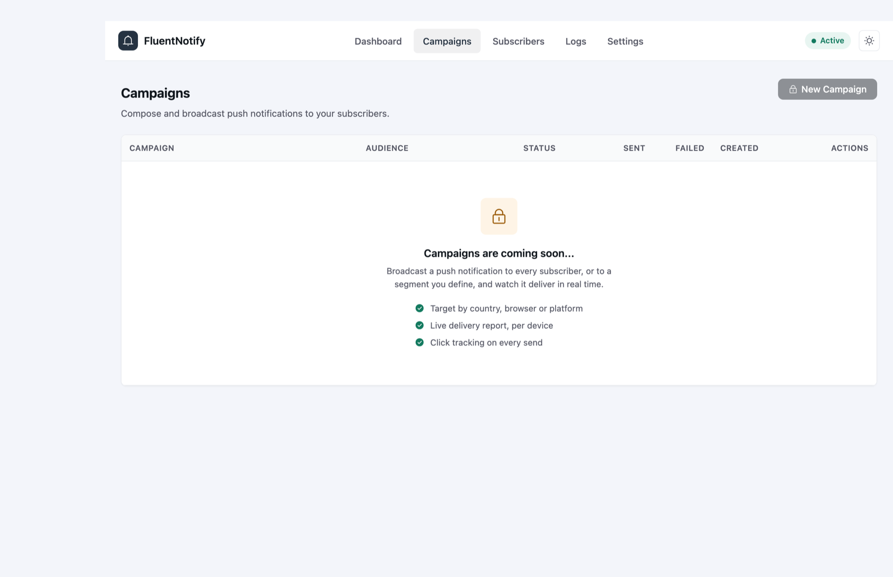 Campaigns screen, marked coming soon, listing targeting by country, browser or platform, a live delivery report, and click tracking