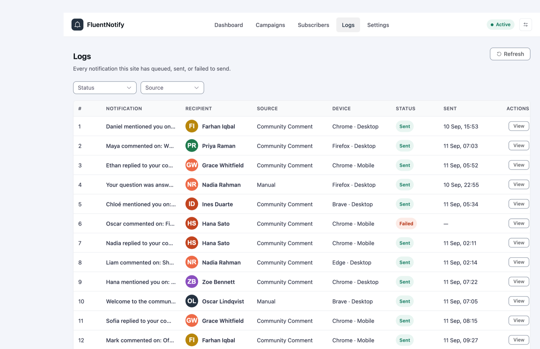 Logs screen listing each notification, its recipient, source, device, status and send date