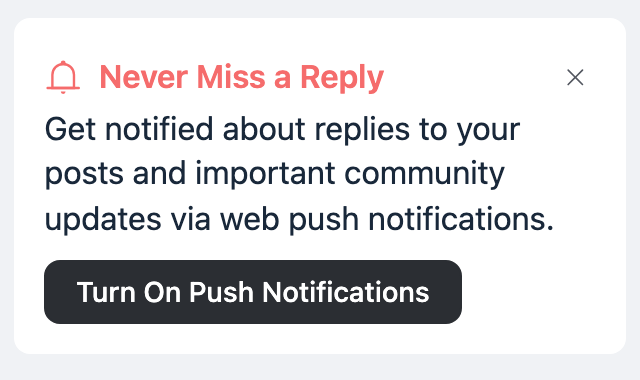 The Never Miss a Reply prompt FluentCommunity shows members, with a Turn On Push Notifications button