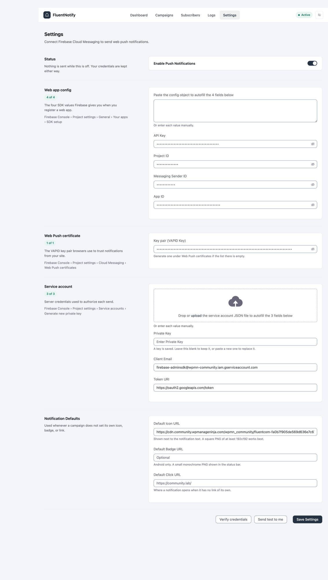 FluentNotify Settings screen with the web app config, VAPID key and service account sections each showing complete